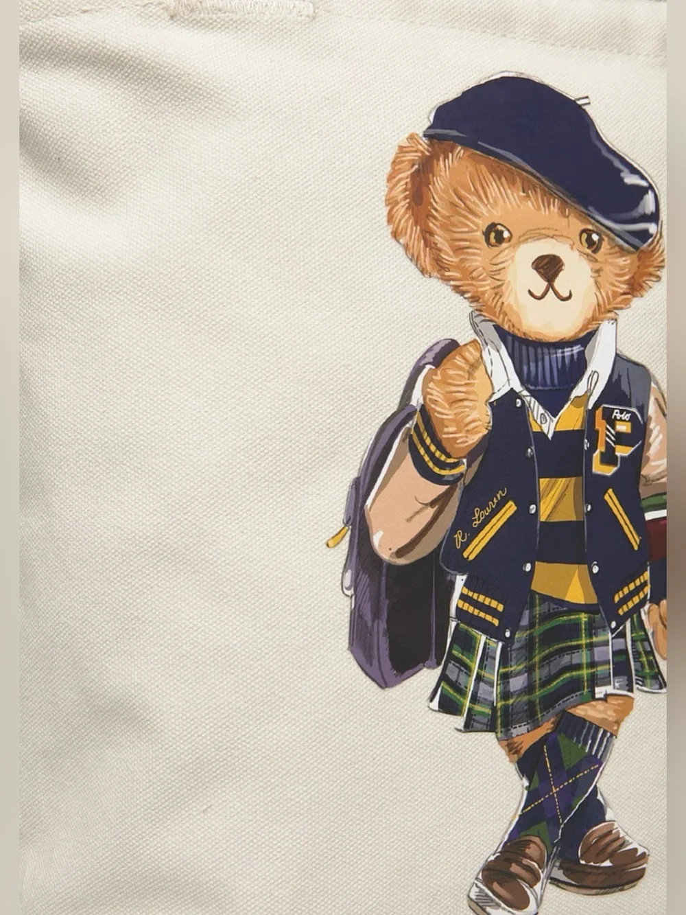Polo Ralph Lauren Natural GIRL BACK TO SCHOOL BEAR 13.0” Canvas Zip Top Tote Bag